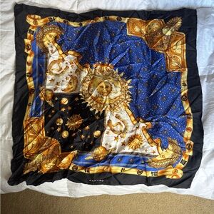 Luxurious Celestial Print Silk Scarf in Royal Blue, Black & Gold
